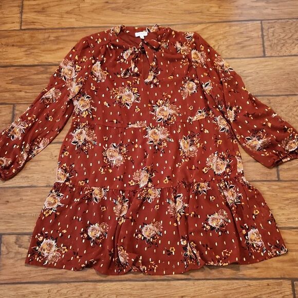 Luxology women's XL ruffled bronze floral print long sleeve dress - Picture 1 of 6